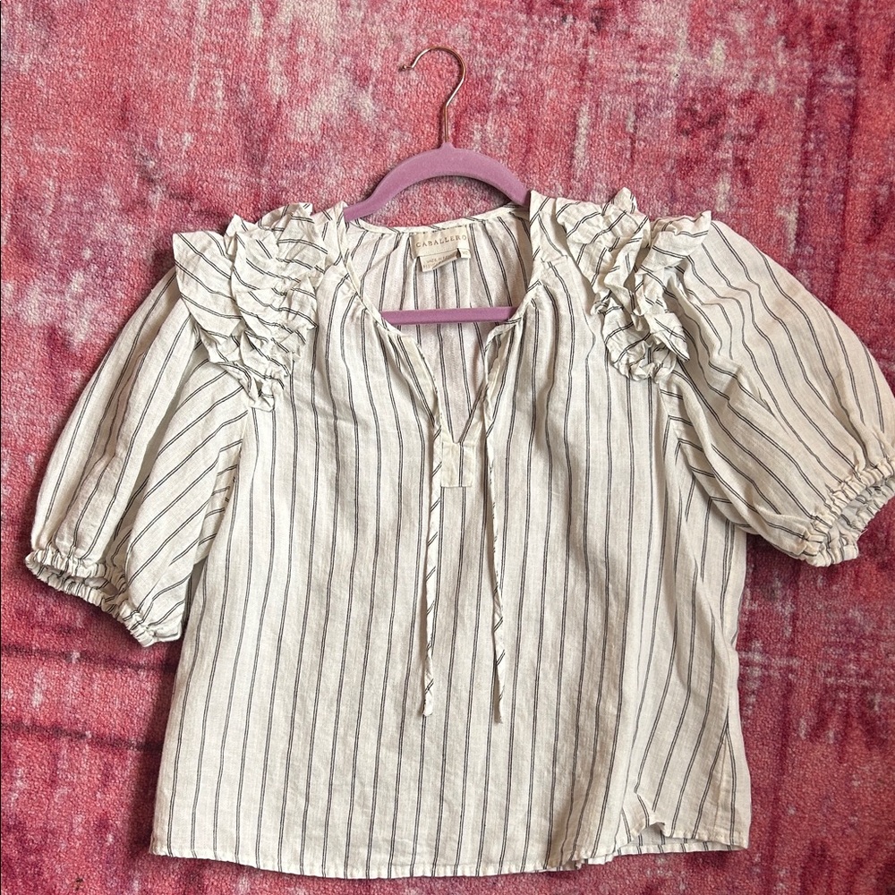Anthropologie Caballero Stripe Ruffle Shoulder Top